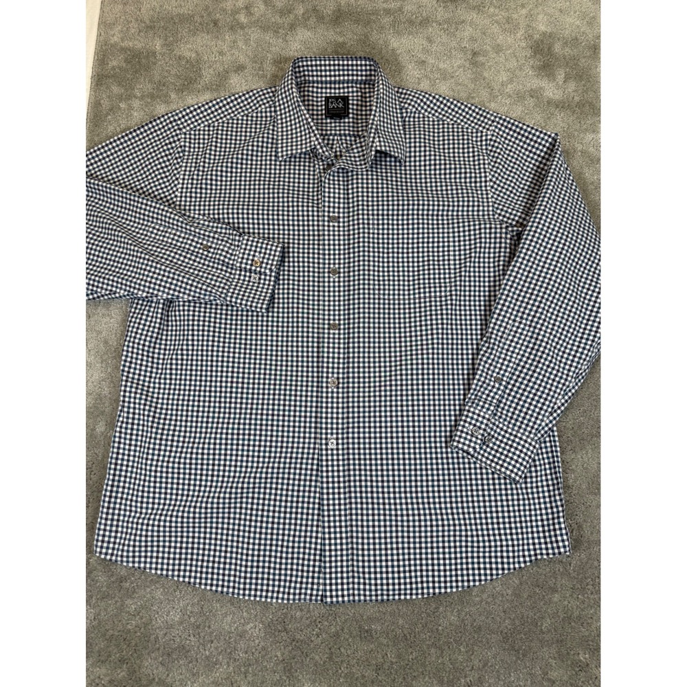 Jos. A. Bank Traveler Shirt Men XL Navy Blue Gingham Check Tradition Fit Cotton